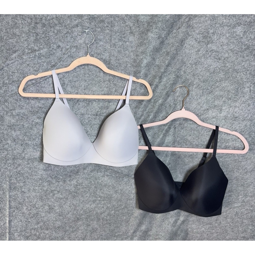 EBY Pain Free T-Shirt Bra 34DD Gray Black Wireless Plunge Stretch - BUNDLE OF 2
